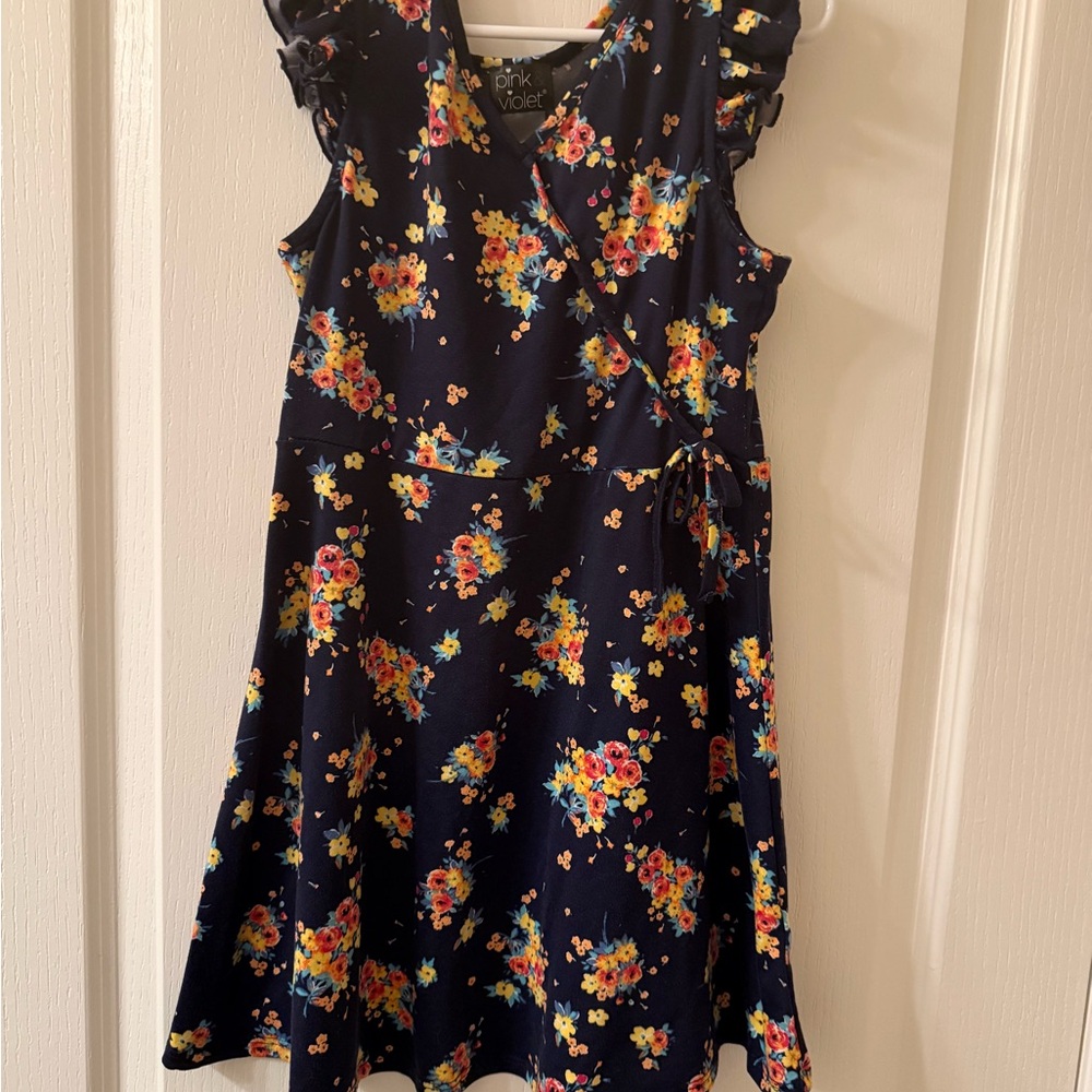 Pink Violet Girls' Navy Floral Wrap Dress with Tie